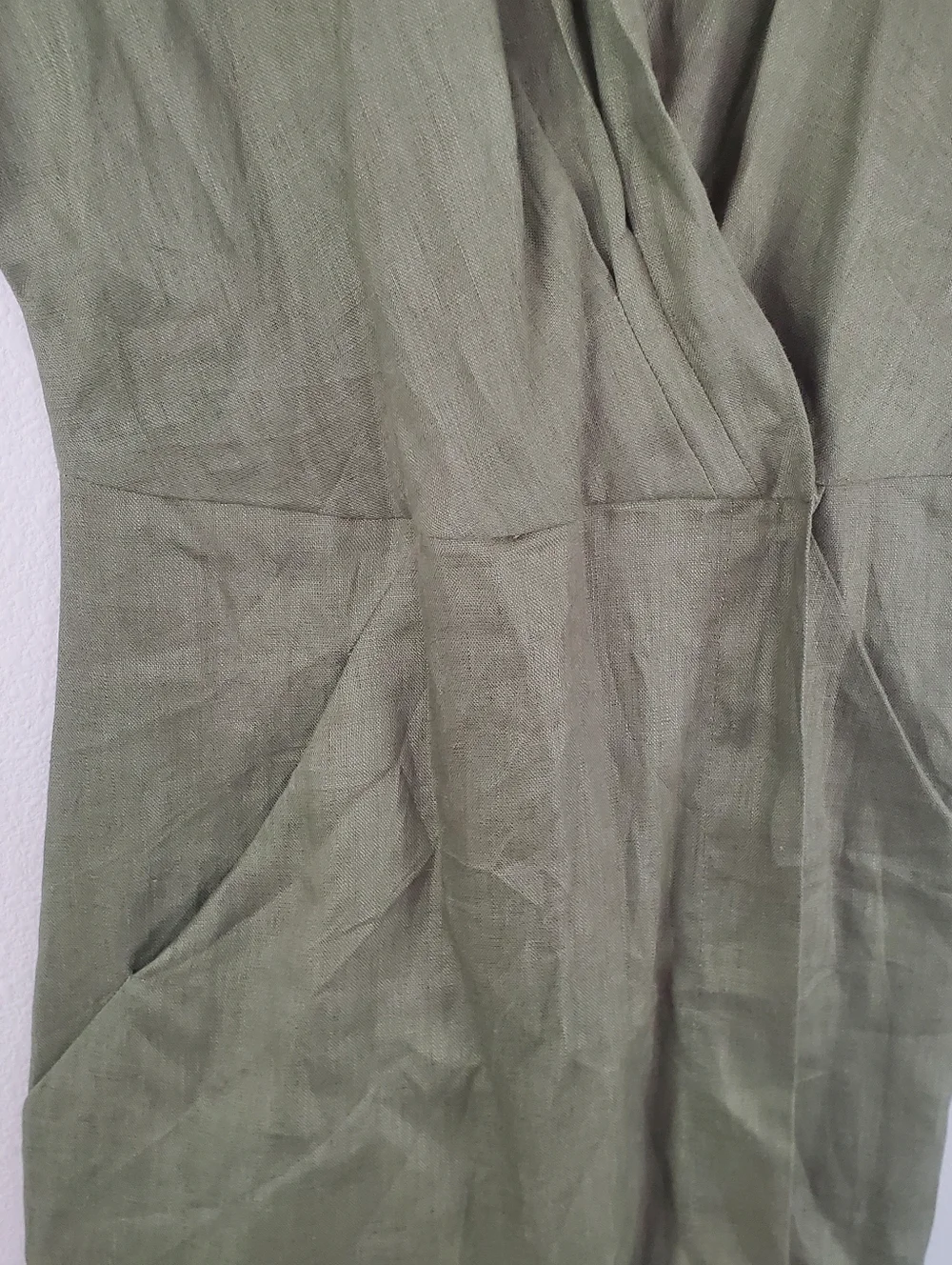 Linen Fairy Tales Linen Olive Green Wrap Linen Dress Womens Size Medium - Picture 5 of 9